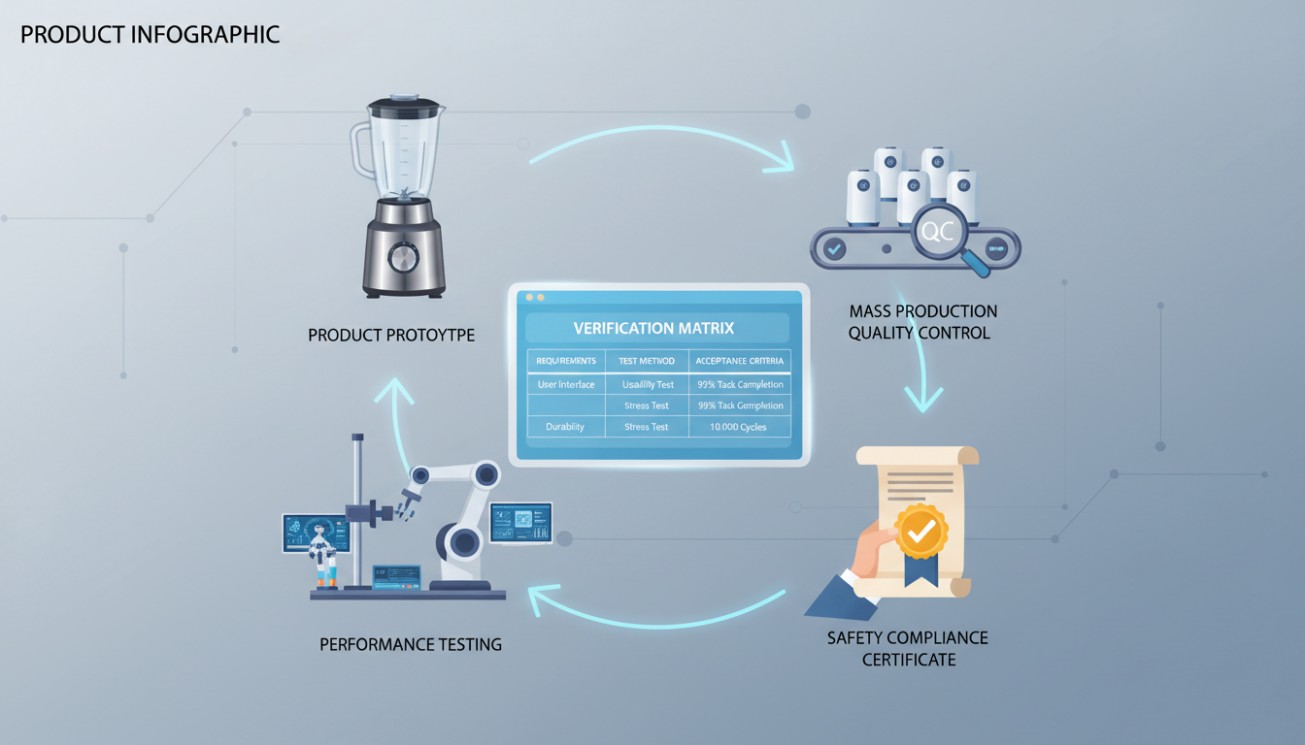 Appliance verification matrix connecting prototype testing, safety compliance and mass-production quality control